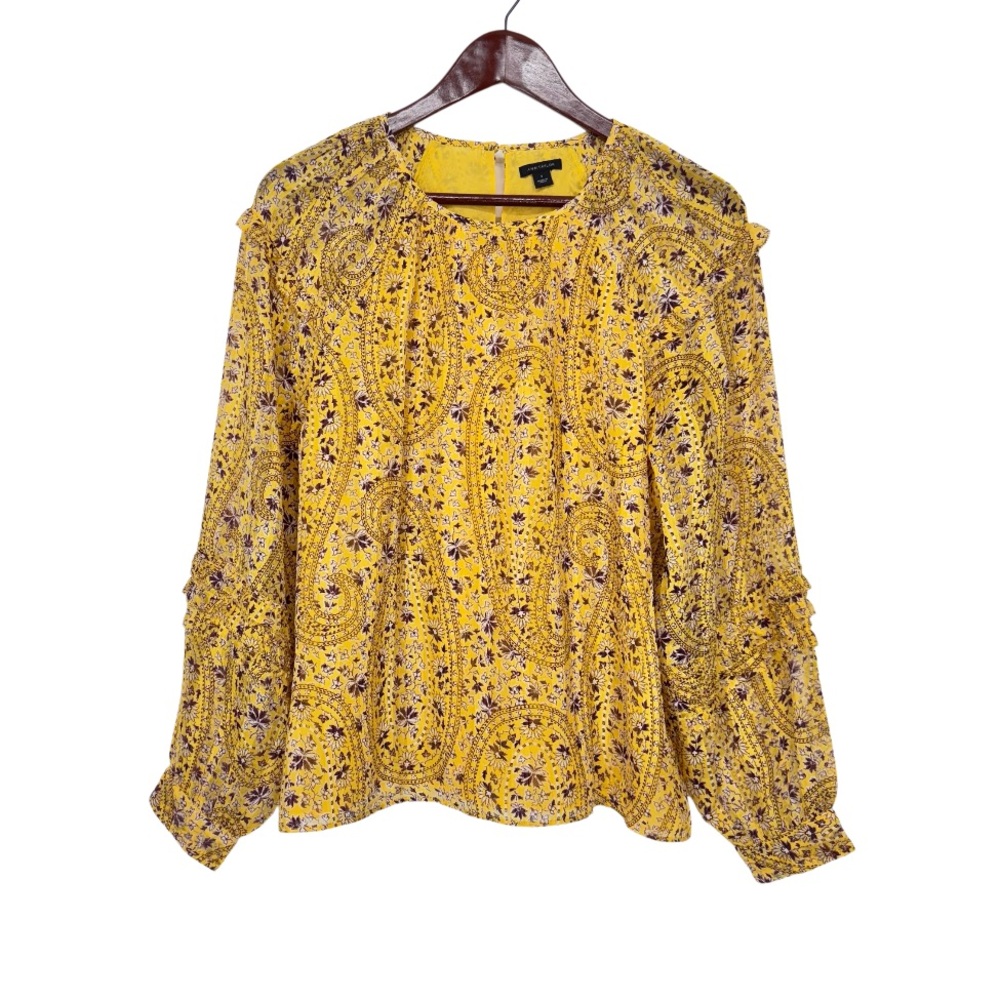 Ann Taylor Dark Yellow & Purple Floral Boho Ruffle Long Sleeve Blouse Size Small